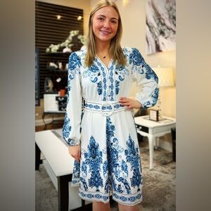 Coastal Paisley Print Floral Long Sleeve Pearl Button Summer Belted Dress✨